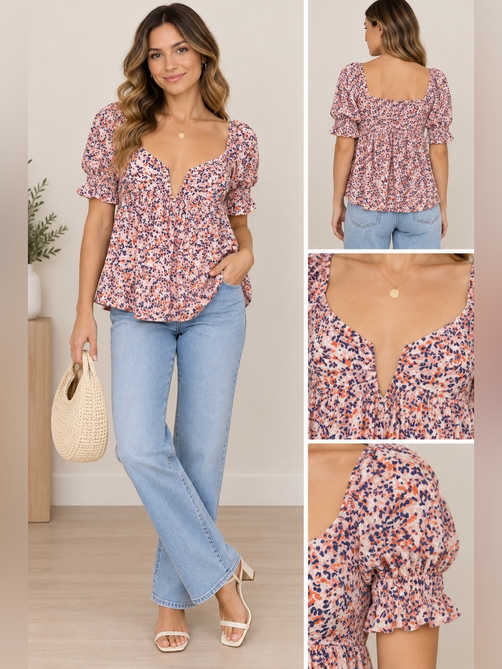 Newbury Kustom Floral Babydoll Top Size M Pink Puff Sleeve Smocked Boho